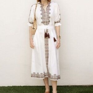 Julia Amory Short Sleeve Coatue Caftan Embroidered Midi Dress